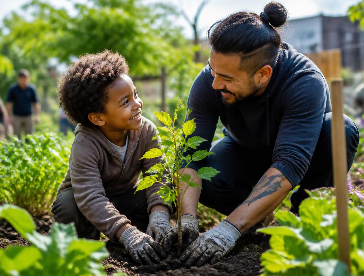 An adult and a young child kneeling together in a bright community garden, planting a small tree sapling.