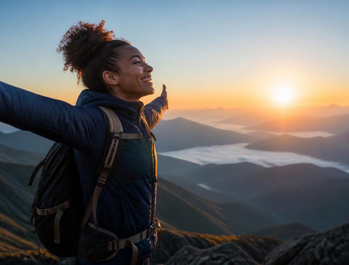 A diverse young hiker with a backpack smiling at sunrise on a mountain overlook above a valley of mist.
