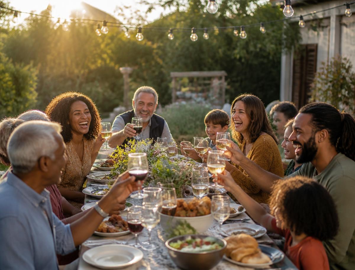 A diverse multi-generational group of family and friends laughing and toasting around an outdoor dinner table under string lights.